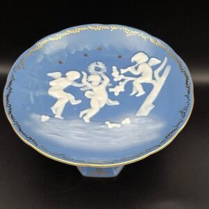 Vintage Blue Jasperware Pedestal Compote with Cherub Design Blue Angels 6410